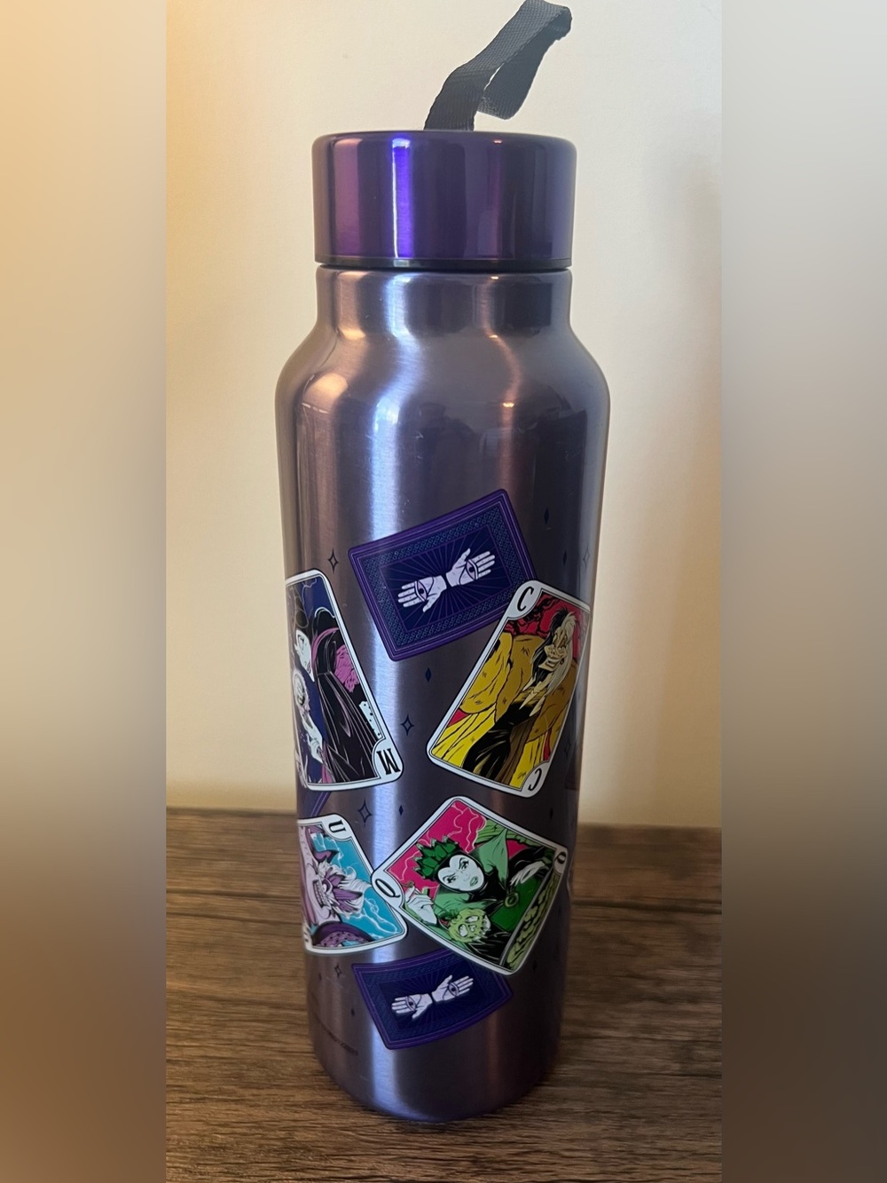 Disney Purple Metallic Water Bottle with Tarot Card Stickers